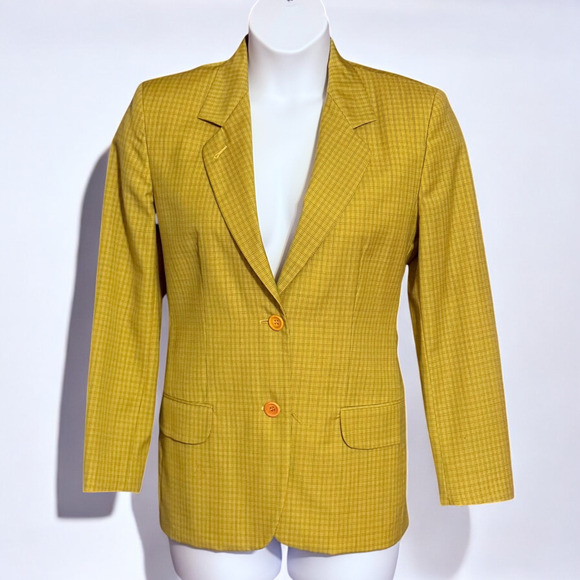 90s Gerani Italian Wool Skirt Suit Size M Saffron Yellow Retro Preppy Minimalist - Picture 4 of 13